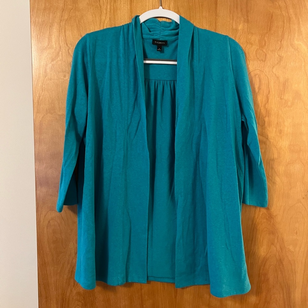 Talbots Blue Open Front Cardigan Sweater Cotton Rayon Blend 3/4 Sleeve Small